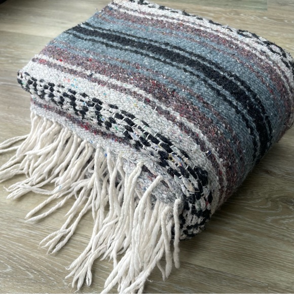 Cuamatzi Mexican Blue and Gray Striped Throw Blanket with Fringe